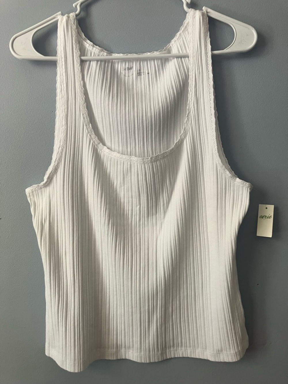 aerie White Ribbed Lace-Trim Tank
